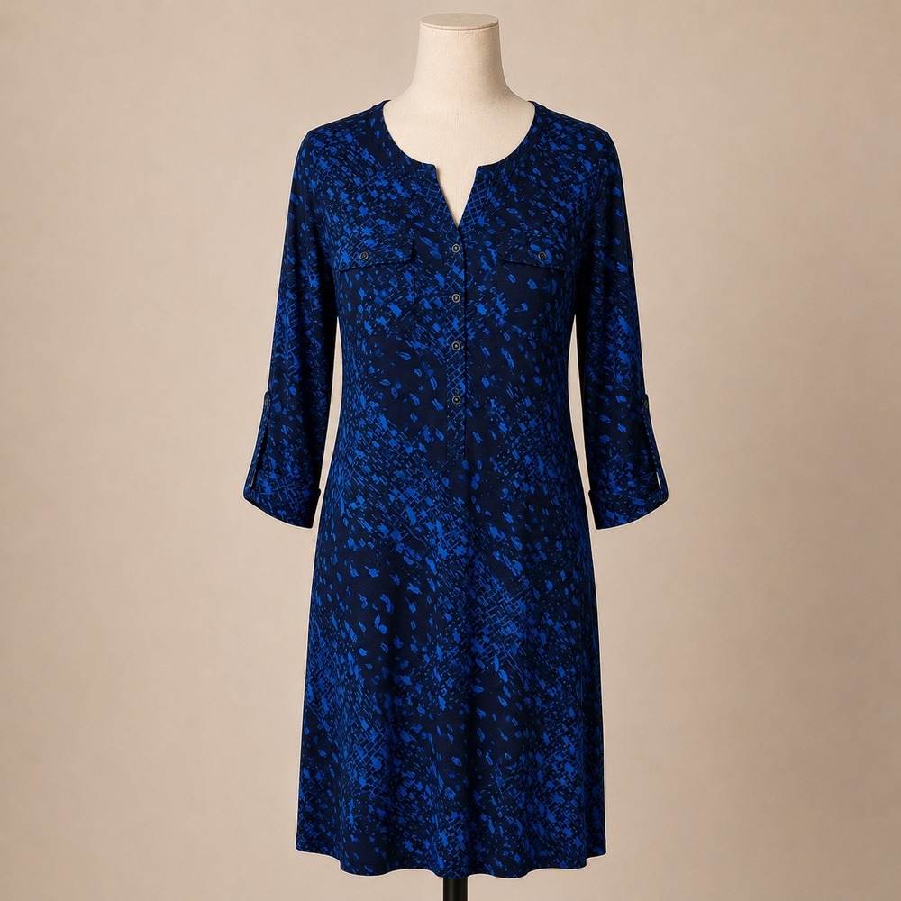 Patagonia Active Henley‎ Dress S Blue Abstract Print 3/4 Roll-Tab Sleeve Pockets